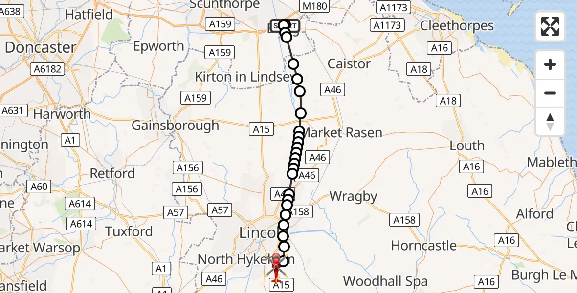 Flight route Air Ambulance Helicopter Brigg - North Kesteven, 16 May 2026, 10:52