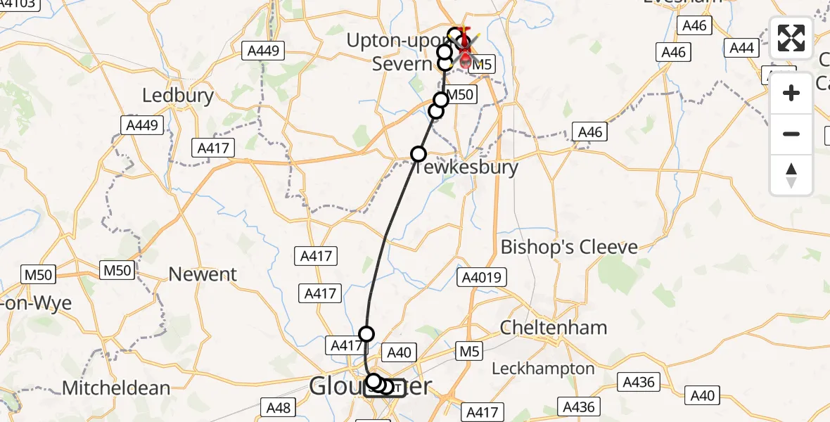 Flight route Air Ambulance Helicopter Gloucester Royal Hospital - Upper Strensham, 16 May 2026, 10:56