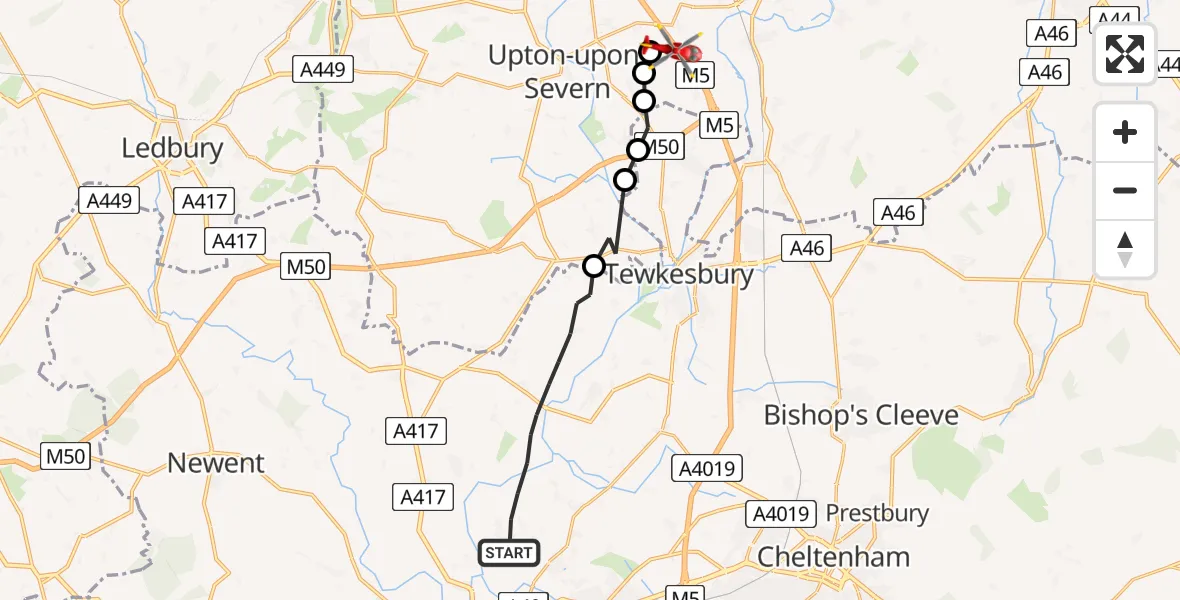 Flight route Air Ambulance Helicopter Tewkesbury - Upper Strensham, 16 May 2026, 10:58