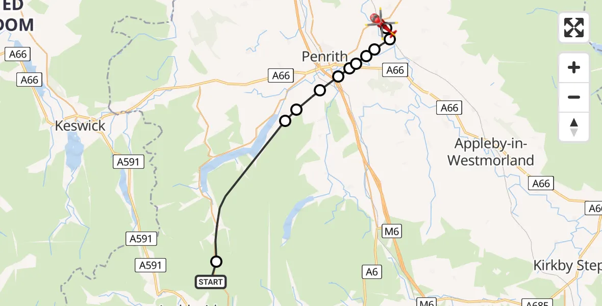 Flight route Air Ambulance Helicopter Lakes - Langwathby, 16 May 2026, 11:01