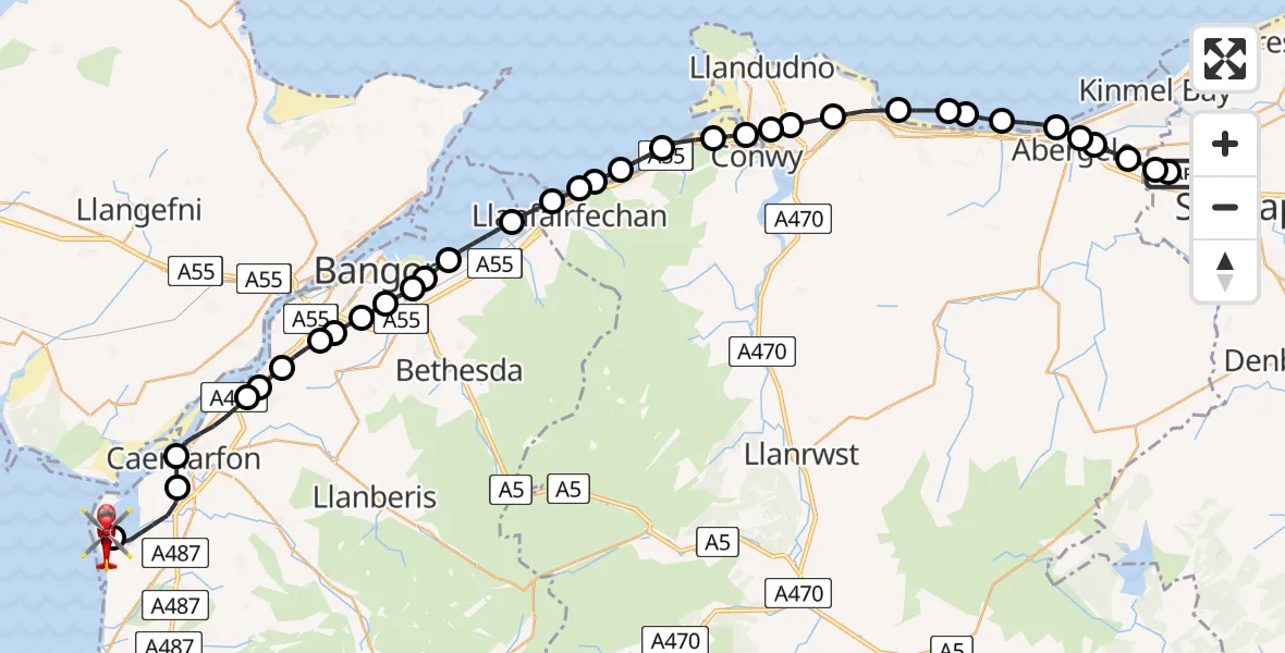 Flight route Air Ambulance Helicopter Ysbyty Glan Clywd Hospital Heliport - Caernarfon Airport, 16 May 2026, 11:06