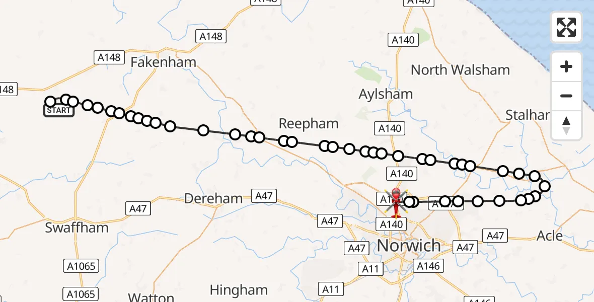 Flight route Air Ambulance Helicopter Great Massingham - Norwich Airport, 16 May 2026, 11:14