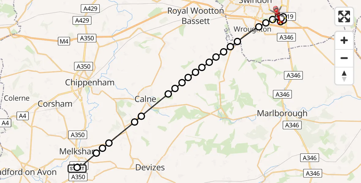Flight route Air Ambulance Helicopter Wiltshire Air Ambulance - Badbury Park, 16 May 2026, 11:15