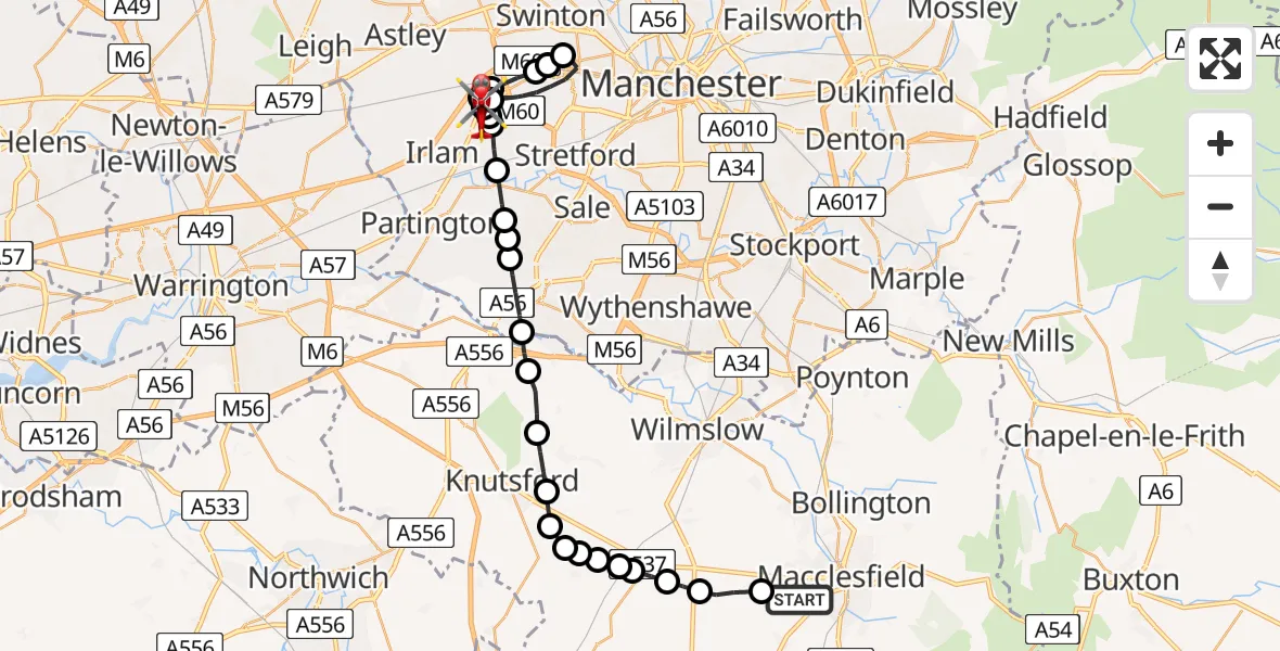 Flight route Air Ambulance Helicopter Macclesfield - Manchester Barton Aerodrome, 16 May 2026, 11:17