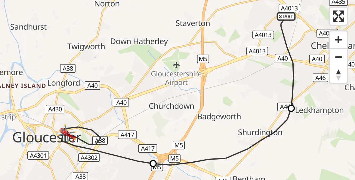 Flight route Air Ambulance Helicopter Cheltenham - Gloucester, 16 May 2026, 11:21