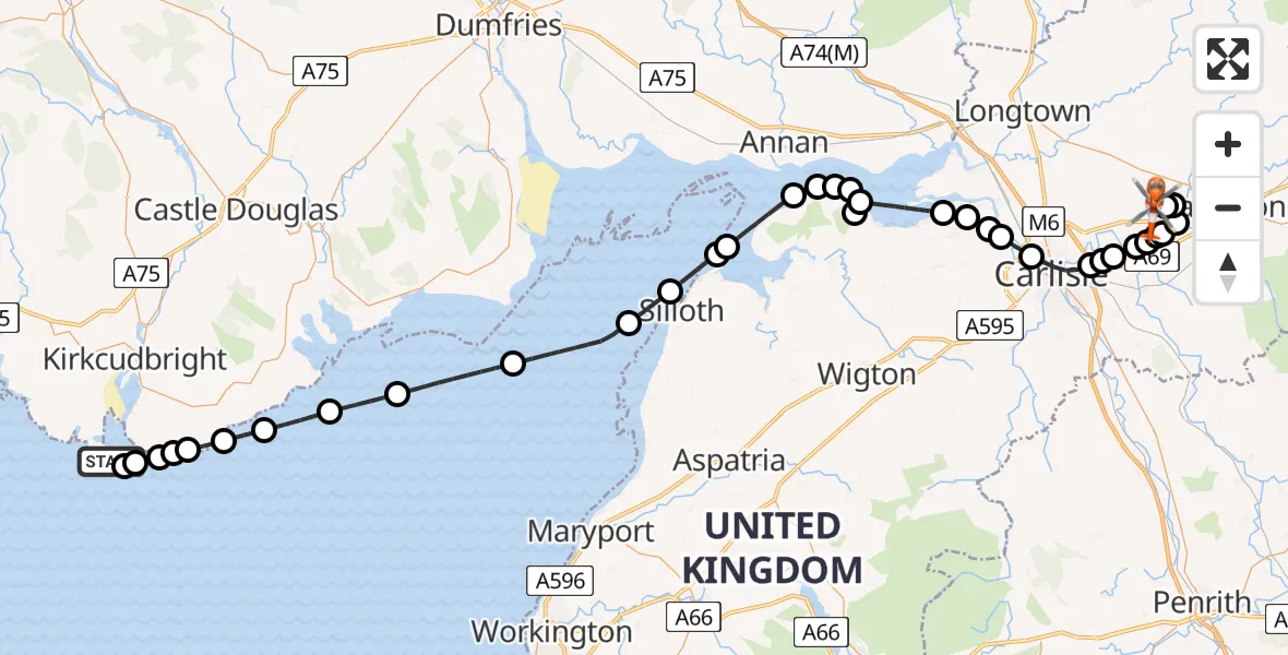 Flight route Coastguard Helicopter Borgue - Carlisle Lake District Airport, 16 May 2026, 11:33