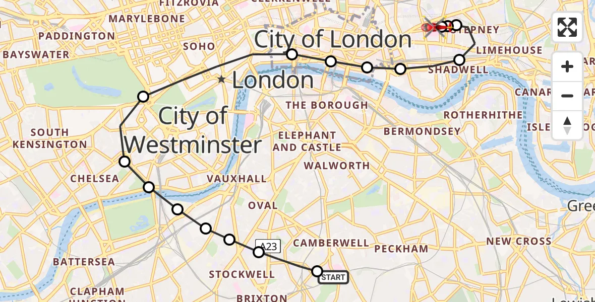 Flight route Air Ambulance Helicopter Kings College London Hospital - Royal London Hospital, 16 May 2026, 11:35
