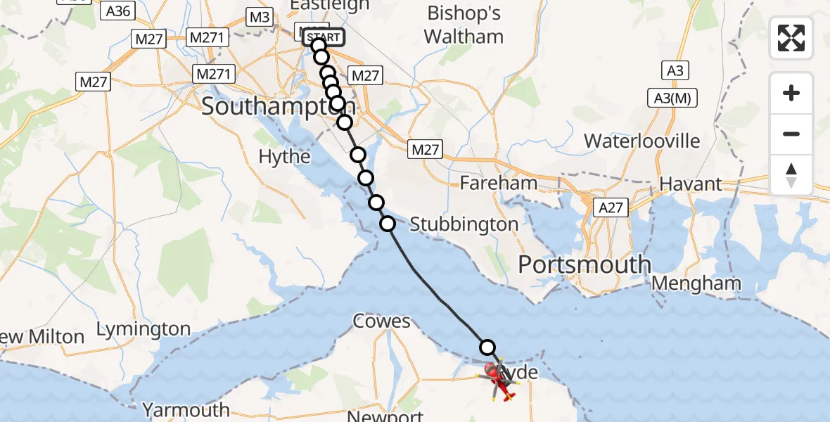 Flight route Air Ambulance Helicopter Southampton Airport - Ryde, 16 May 2026, 11:40