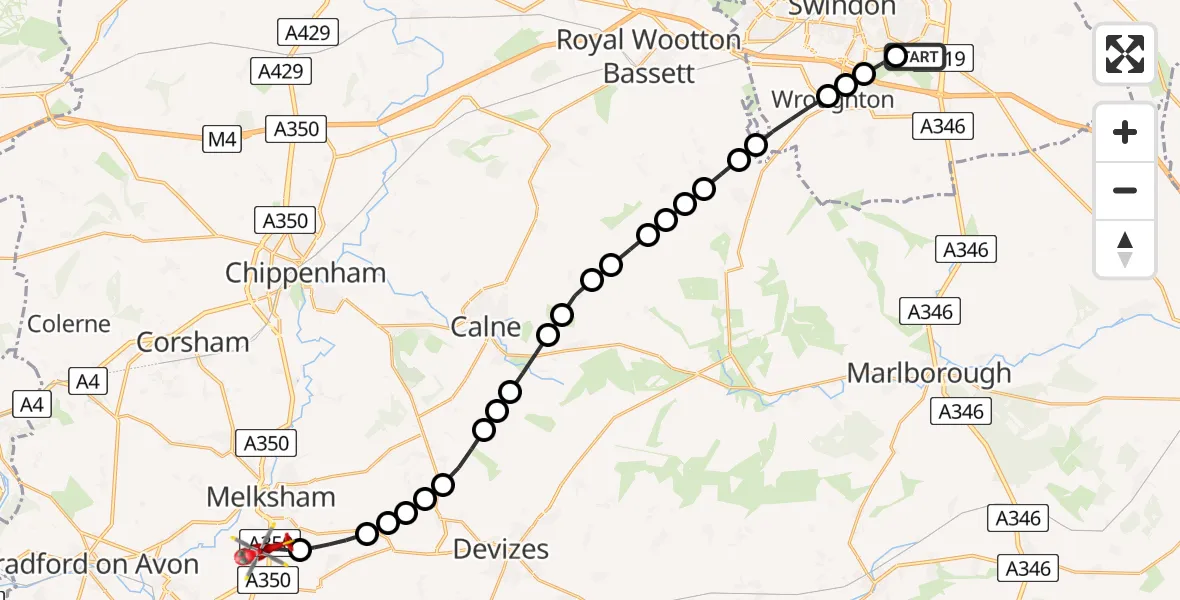 Flight route Air Ambulance Helicopter Badbury Park - Wiltshire Air Ambulance, 16 May 2026, 11:51