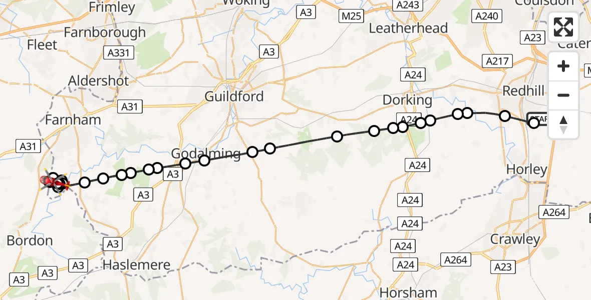 Flight route Air Ambulance Helicopter Redhill Aerodrome - Frith End, 16 May 2026, 11:53