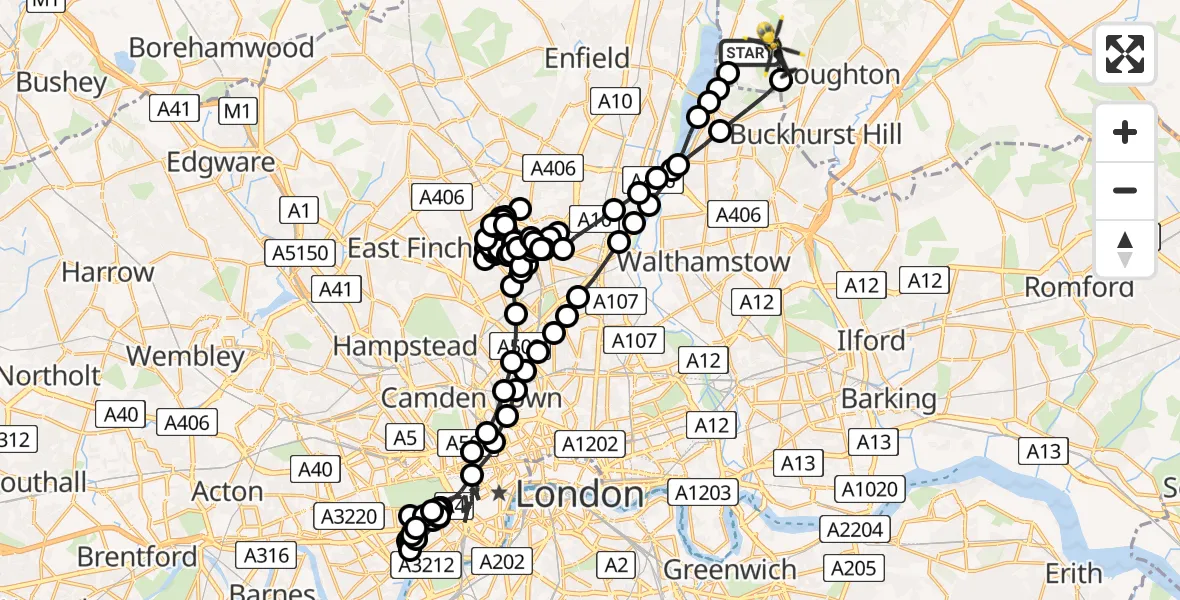 Flight route Police Helicopter Sewardstonebury - Sewardstonebury, 16 May 2026, 11:53