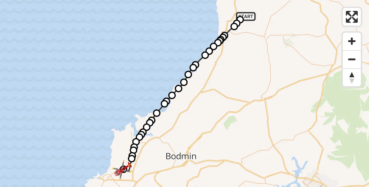 Flight route Air Ambulance Helicopter Torridge - Cornwall Airport Newquay, 16 May 2026, 12:03