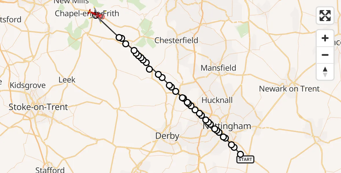 Flight route Air Ambulance Helicopter Widmerpool - High Peak, 16 May 2026, 12:04