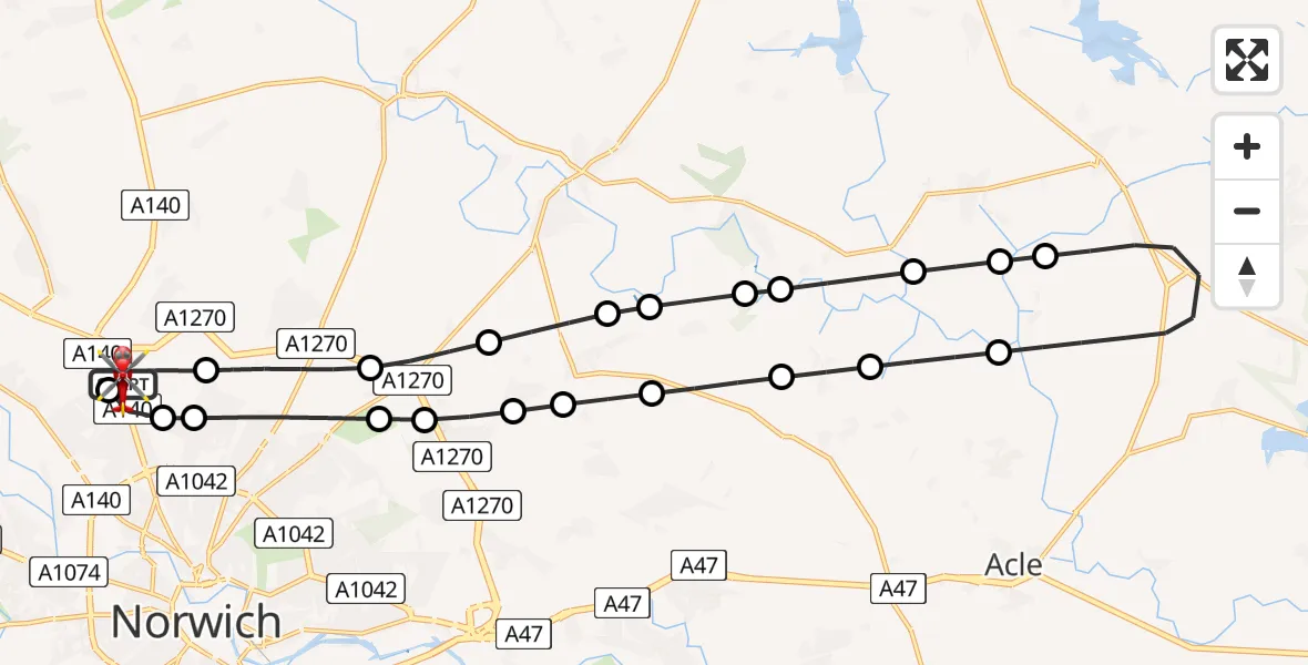 Flight route Air Ambulance Helicopter Norwich Airport - Norwich Airport, 16 May 2026, 12:14