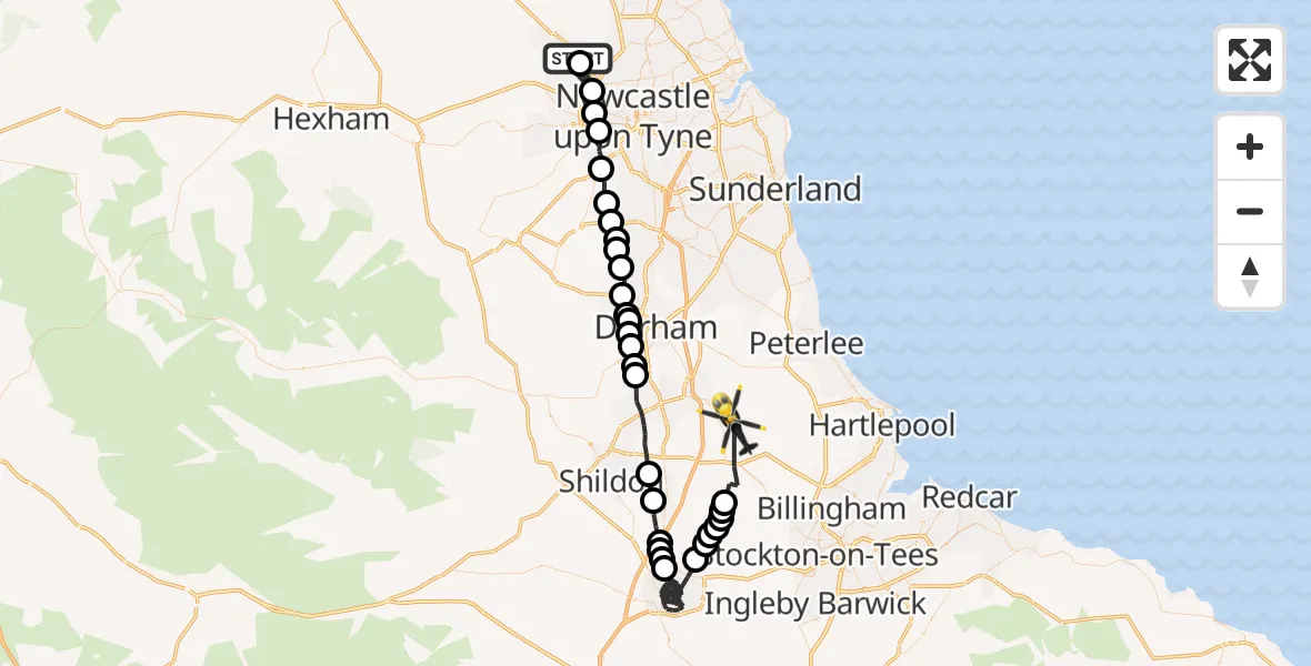Flight route Police Helicopter Newcastle International Airport - Fishburn, 16 May 2026, 12:19