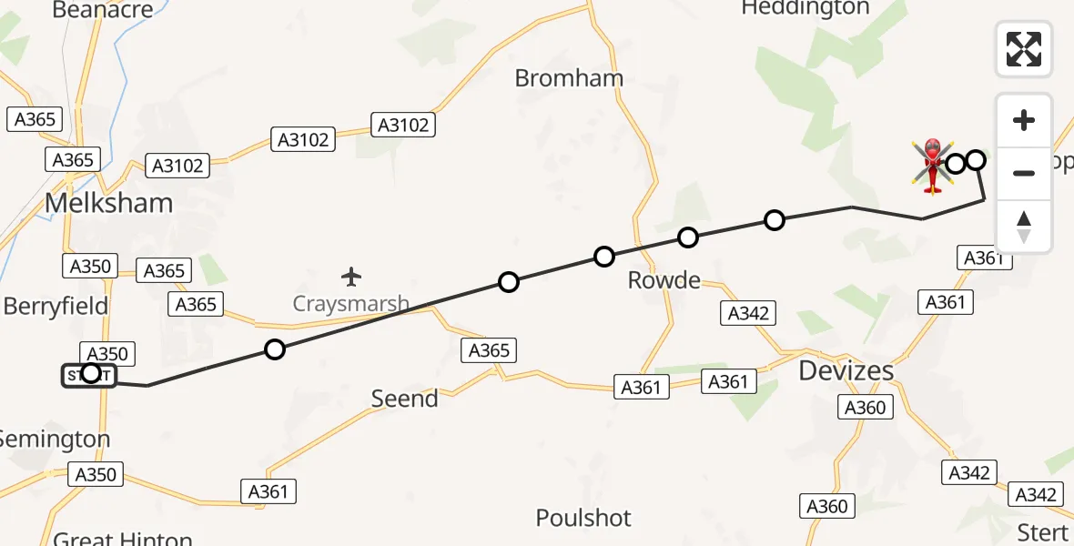 Flight route Air Ambulance Helicopter Wiltshire Air Ambulance - Devizes, 16 May 2026, 12:27