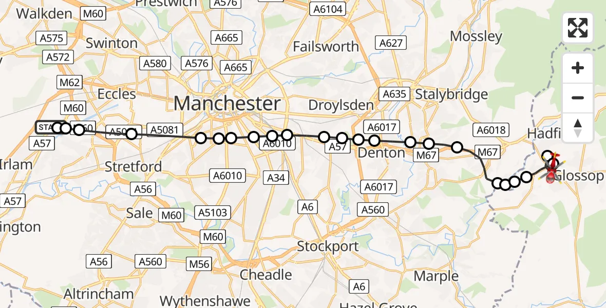 Flight route Air Ambulance Helicopter Manchester Barton Aerodrome - Gamesley, 16 May 2026, 12:32
