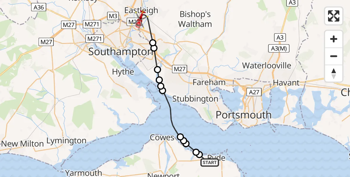 Flight route Air Ambulance Helicopter Ryde - Southampton Airport, 16 May 2026, 12:38
