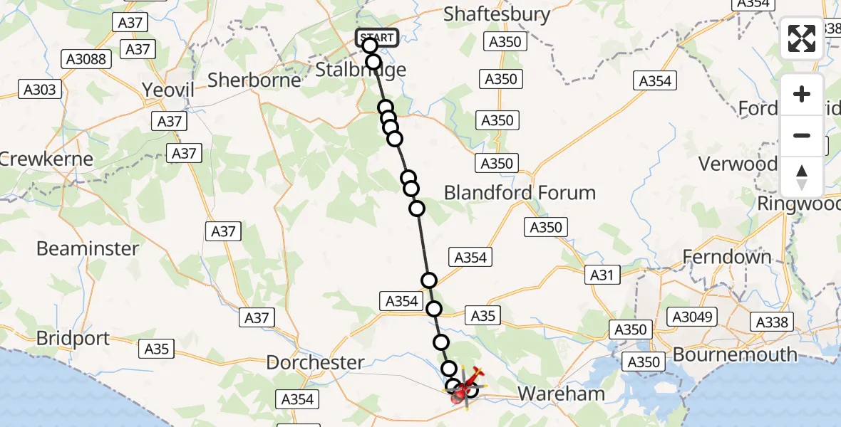 Flight route Air Ambulance Helicopter Henstridge Airfield - Wool, 16 May 2026, 12:39