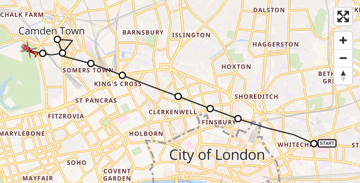 Flight route Air Ambulance Helicopter Royal London Hospital - Fitzrovia, 16 May 2026, 12:40