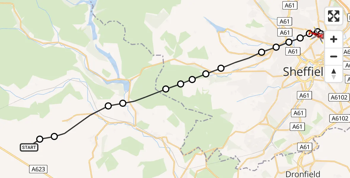 Flight route Air Ambulance Helicopter Peak Forest - Sheffield Northern Hospital, 16 May 2026, 12:45