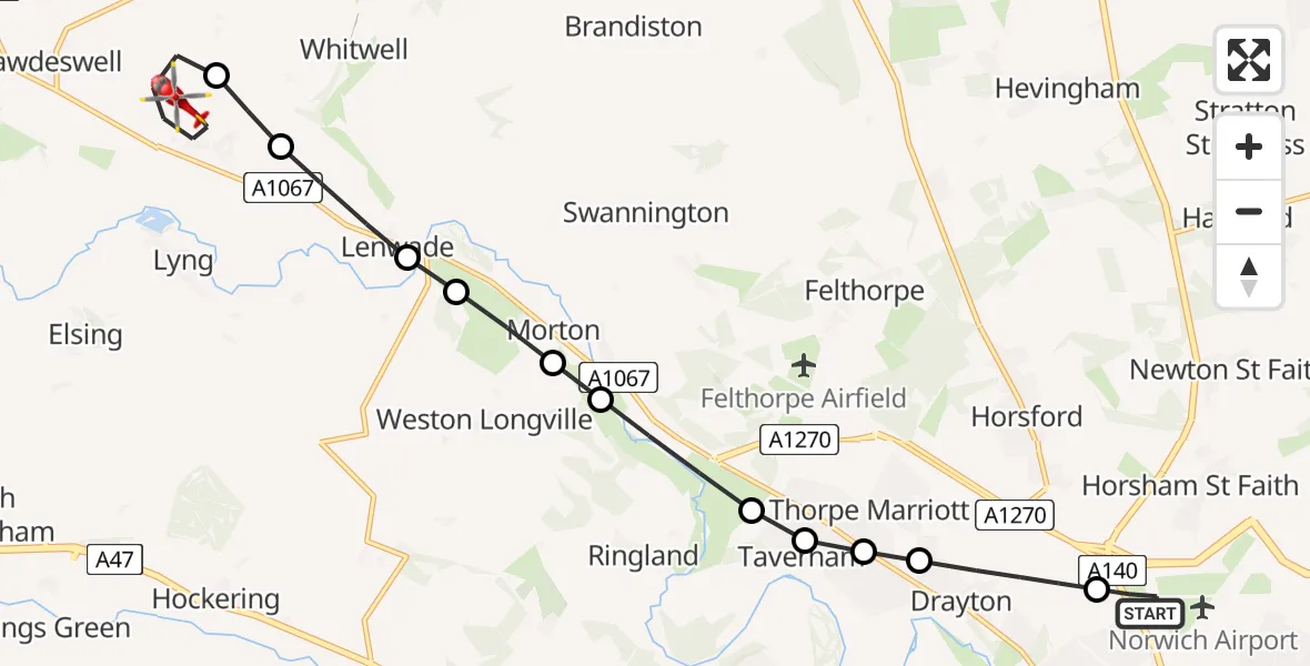 Flight route Air Ambulance Helicopter Norwich Airport - Breckland, 16 May 2026, 12:55