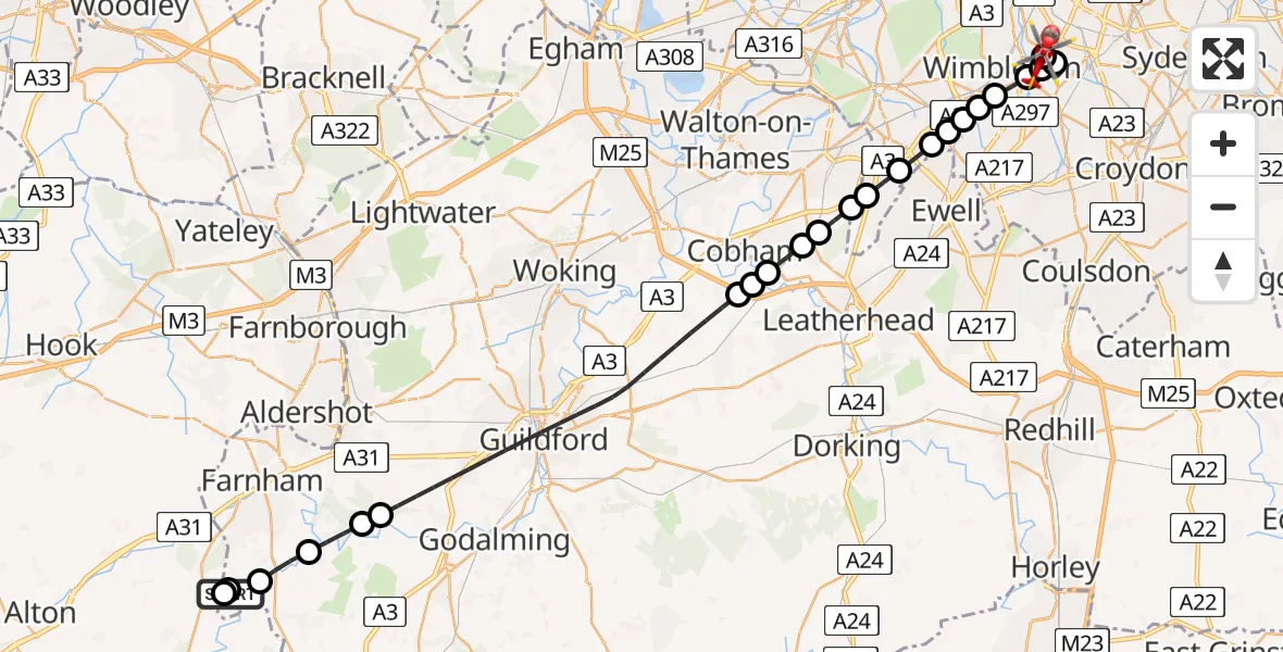 Flight route Air Ambulance Helicopter Dockenfield - St Georges Hospital, 16 May 2026, 13:04