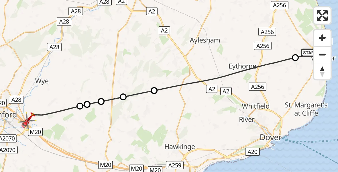 Flight route Air Ambulance Helicopter Deal - Ashford, 16 May 2026, 13:12