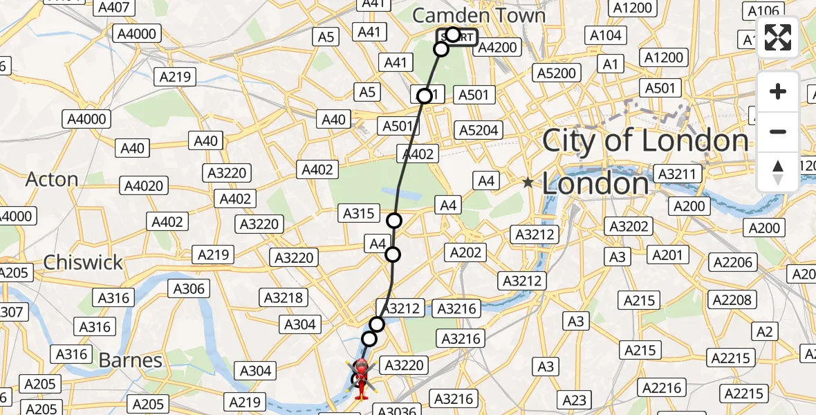 Flight route Air Ambulance Helicopter Chalk Farm - London Heliport, 16 May 2026, 13:13