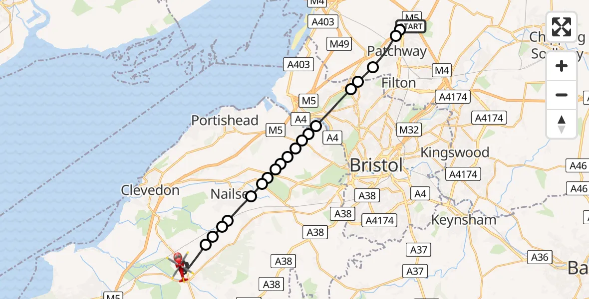 Flight route Air Ambulance Helicopter Almondsbury Helicopter Base - Claverham, 16 May 2026, 13:22