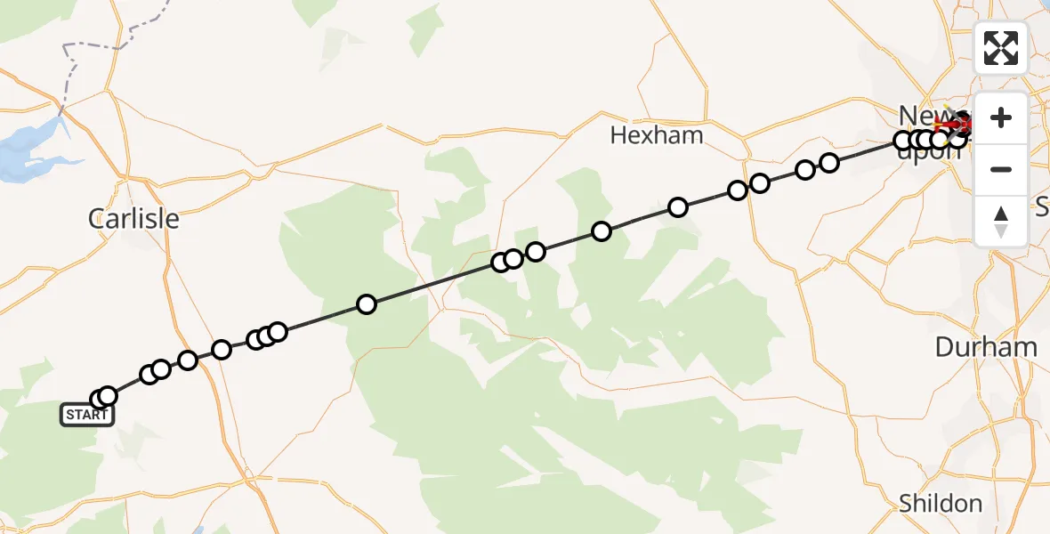 Flight route Air Ambulance Helicopter Caldbeck - Newcastle Royal Victoria Infirmary, 16 May 2026, 13:23