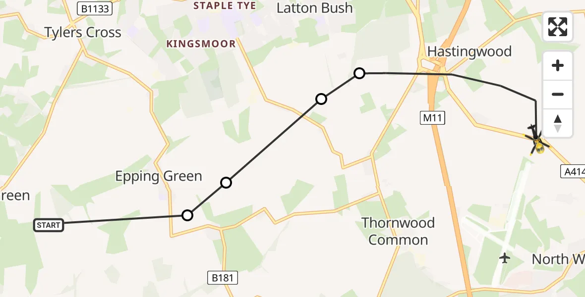 Flight route Police Helicopter Bumble's Green - North Weald Bassett, 16 May 2026, 13:25