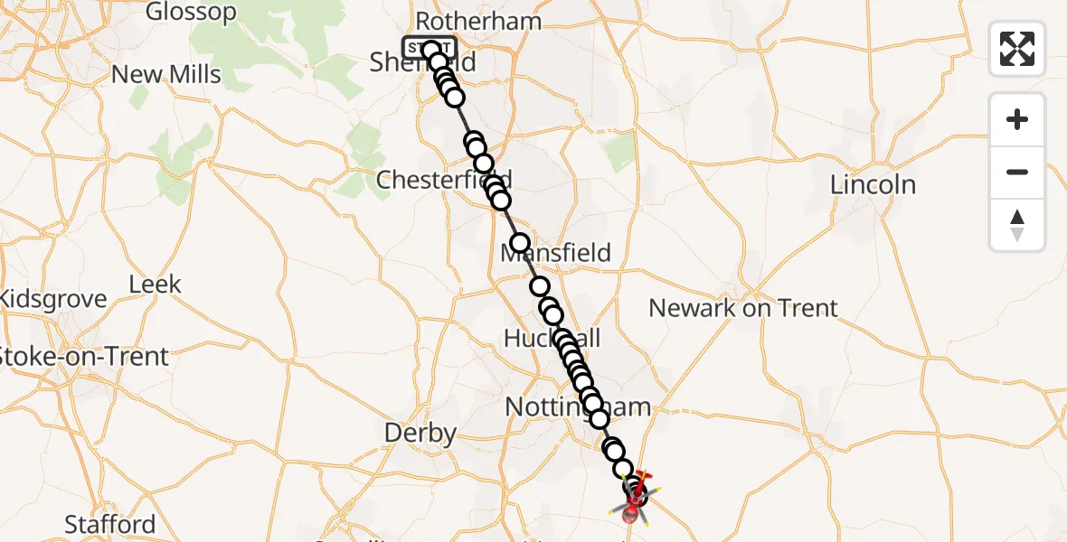 Flight route Air Ambulance Helicopter Pitsmoor - Nottingham Heliport, 16 May 2026, 13:26
