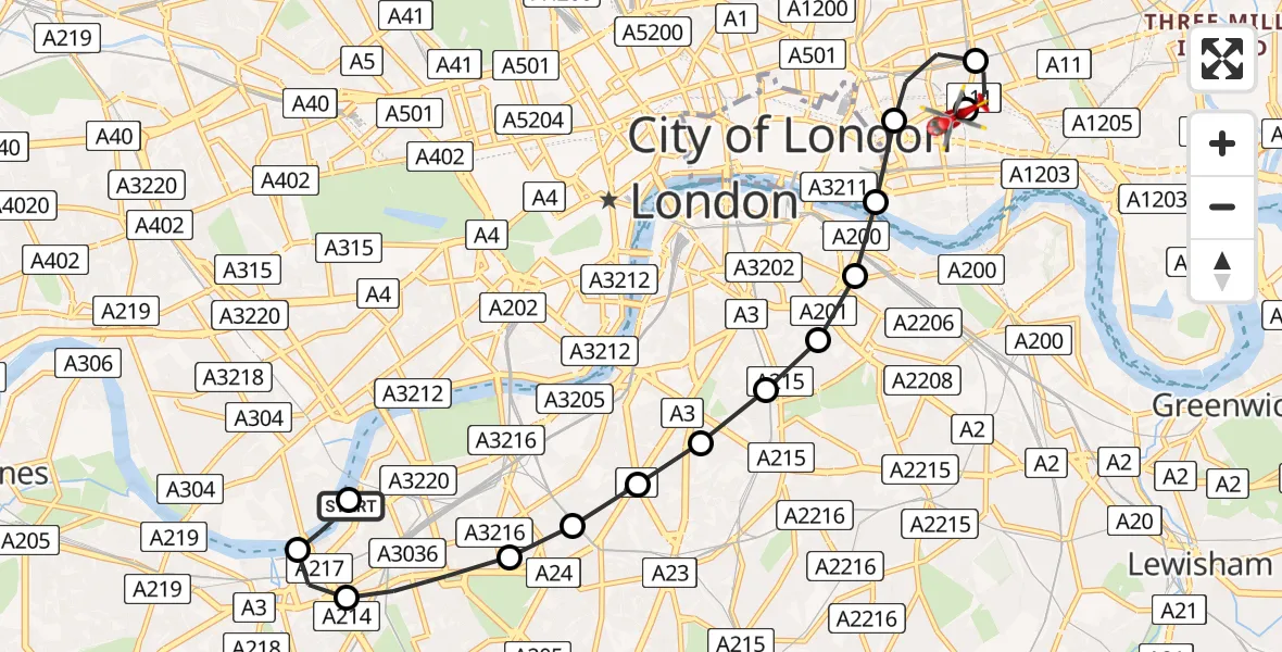 Flight route Air Ambulance Helicopter London Heliport - Royal London Hospital, 16 May 2026, 13:36