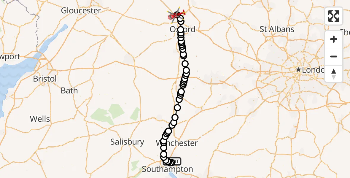 Flight route Air Ambulance Helicopter Southampton Airport - London Oxford Airport, 16 May 2026, 13:43