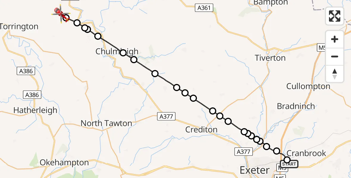 Flight route Air Ambulance Helicopter East Devon - High Bickington, 16 May 2026, 13:43
