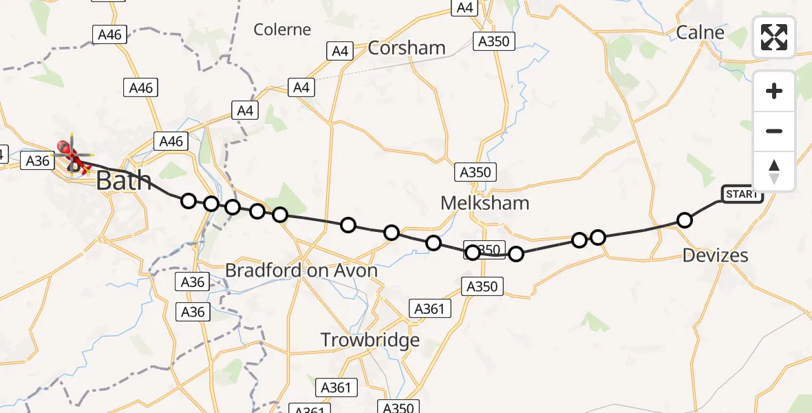 Flight route Air Ambulance Helicopter Devizes - Royal United Hospital Bath, 16 May 2026, 13:46