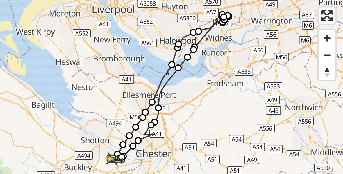 Flight route Police Helicopter Hawarden Airport - Sandycroft, 16 May 2026, 13:49