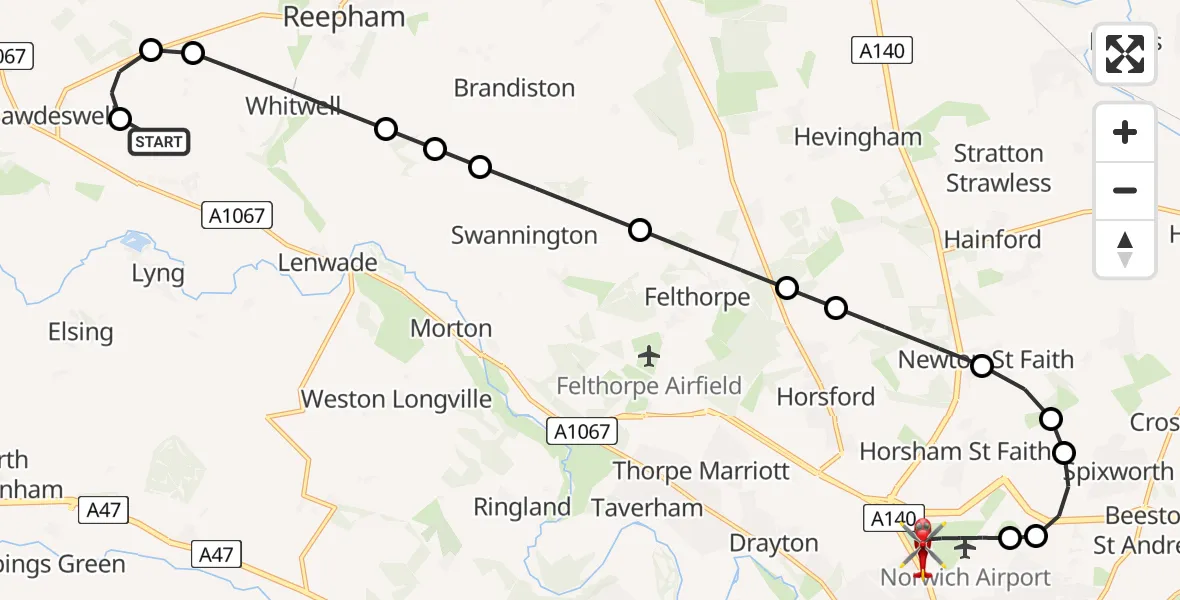 Flight route Air Ambulance Helicopter Breckland - Norwich Airport, 16 May 2026, 13:51