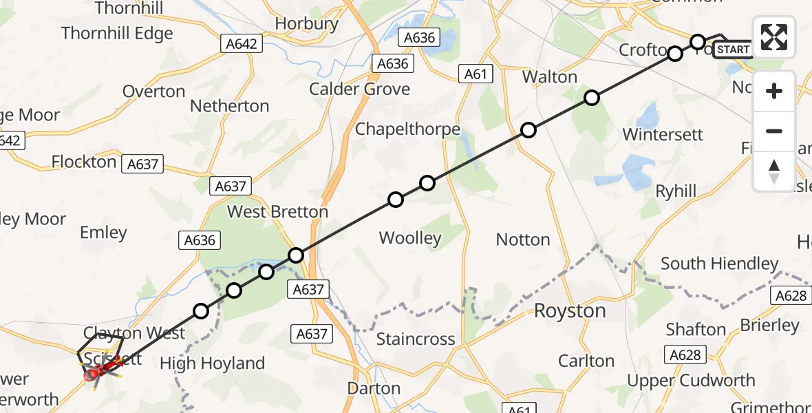 Flight route Air Ambulance Helicopter YAA Nostell Helicopter Port - Denby Dale, 16 May 2026, 13:52