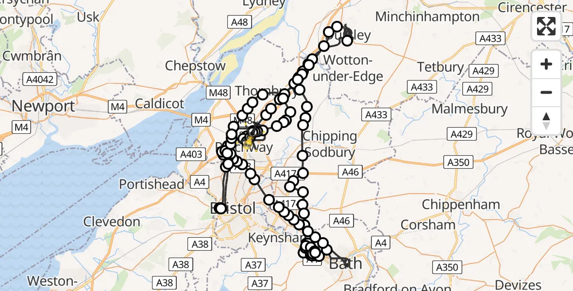Flight route Police Helicopter Almondsbury Helicopter Base - Almondsbury Helicopter Base, 16 May 2026, 13:53