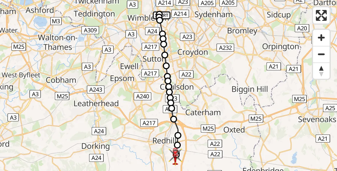 Flight route Air Ambulance Helicopter St Georges Hospital - Redhill Aerodrome, 16 May 2026, 13:59