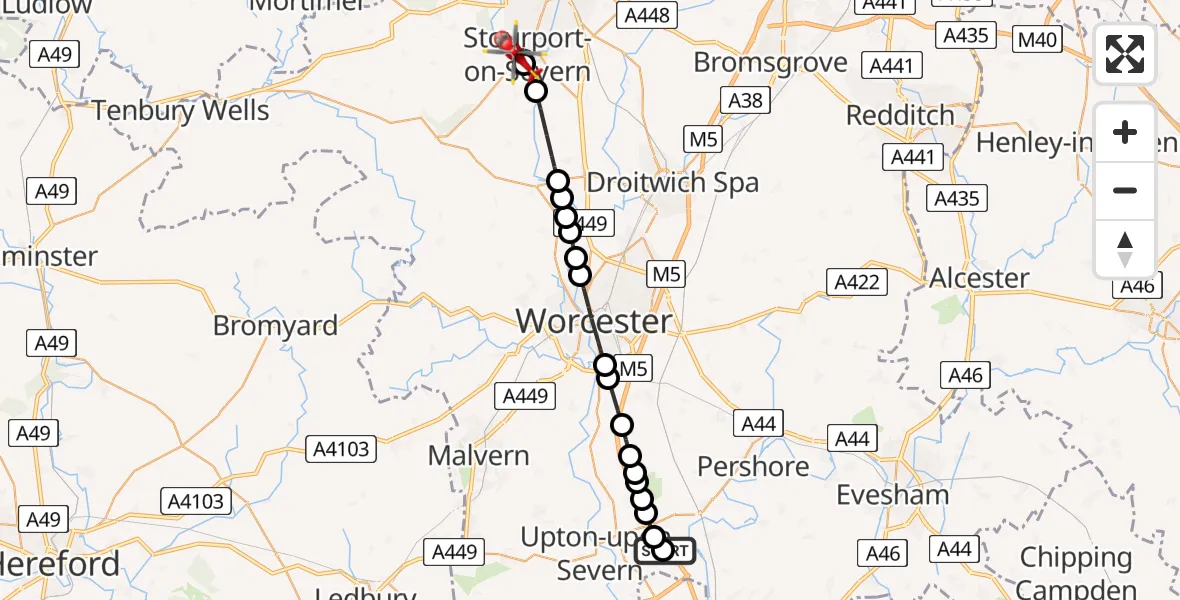 Flight route Air Ambulance Helicopter Hill Croome - Stourport-on-Severn, 16 May 2026, 13:59