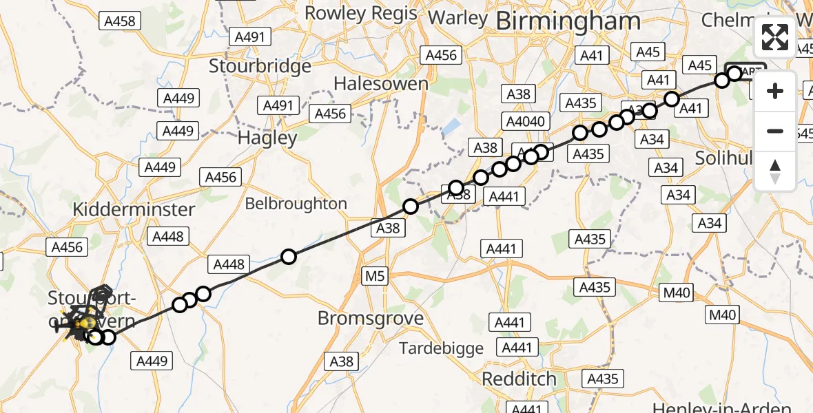 Flight route Police Helicopter Birmingham Airport - Stourport-on-Severn, 16 May 2026, 13:59