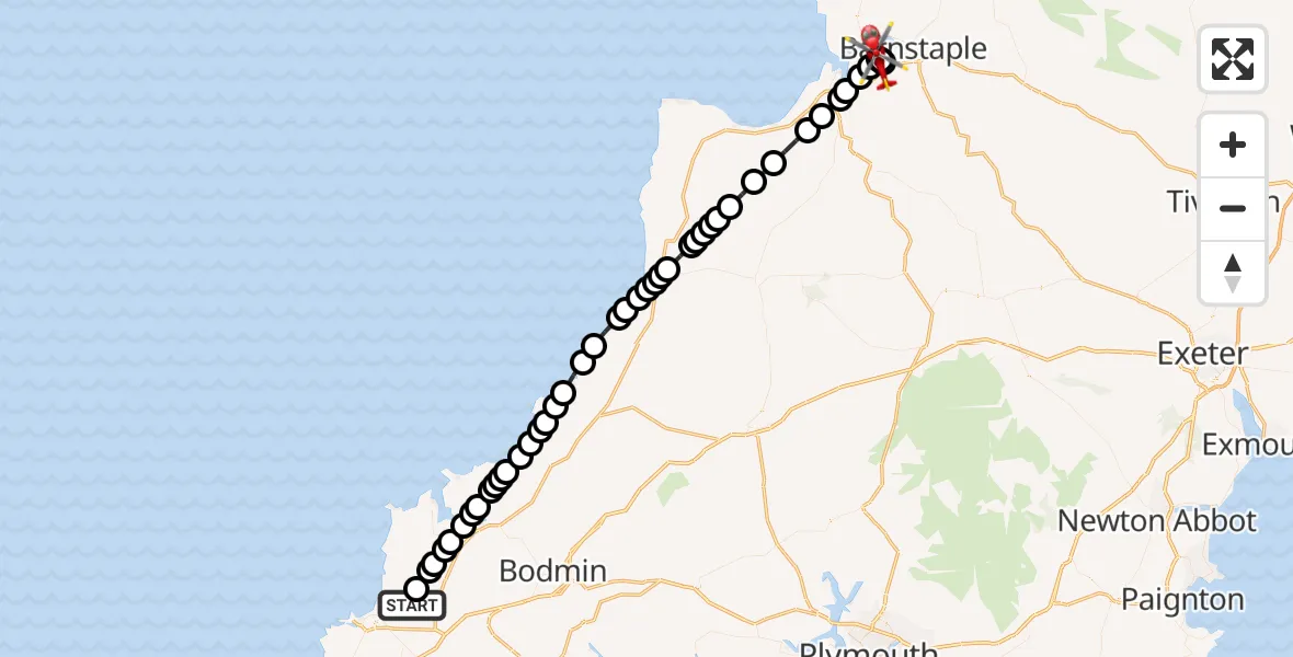 Flight route Air Ambulance Helicopter Cornwall Airport Newquay - Fremington, 16 May 2026, 14:00