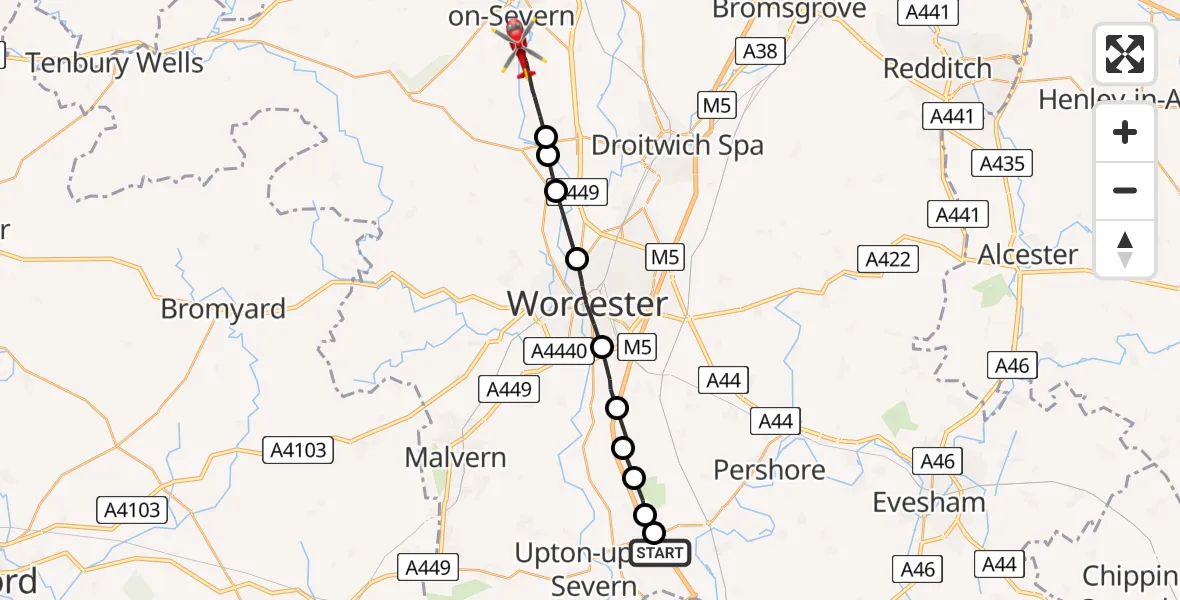 Flight route Air Ambulance Helicopter Hill Croome - Ombersley, 16 May 2026, 14:00