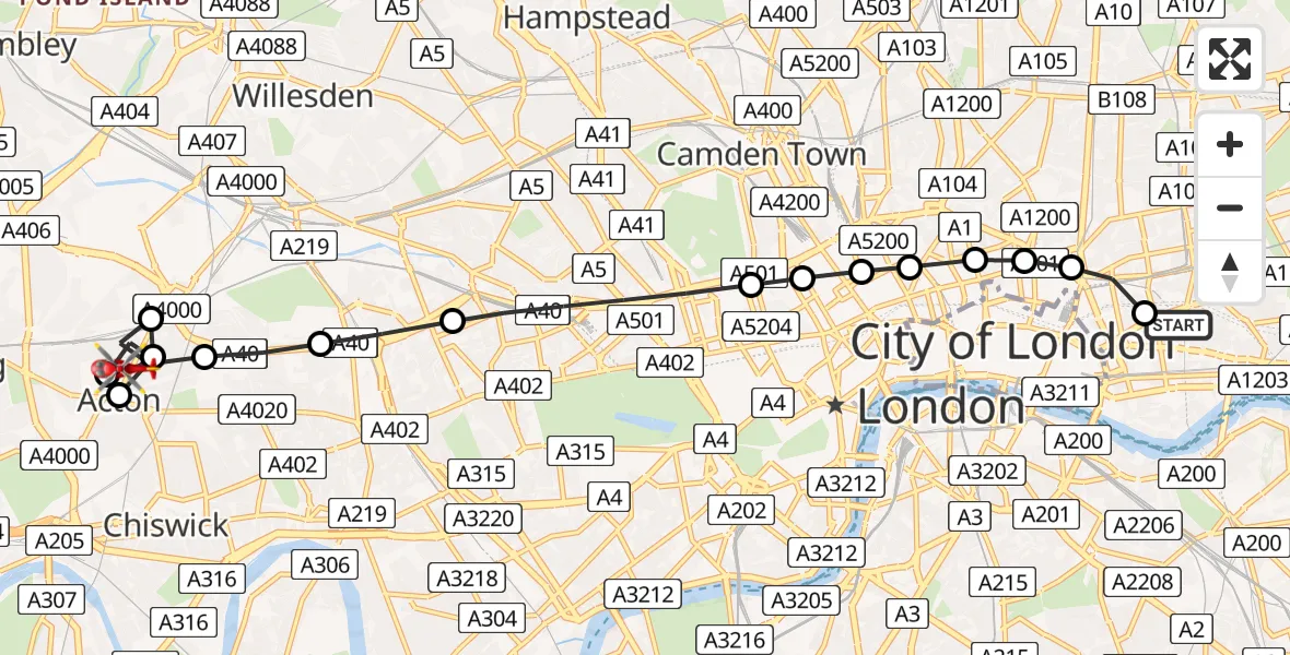 Flight route Air Ambulance Helicopter Royal London Hospital - Ealing, 16 May 2026, 14:06
