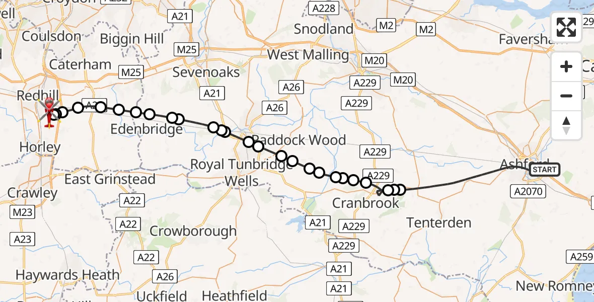 Flight route Air Ambulance Helicopter Ashford - Redhill Aerodrome, 16 May 2026, 14:06