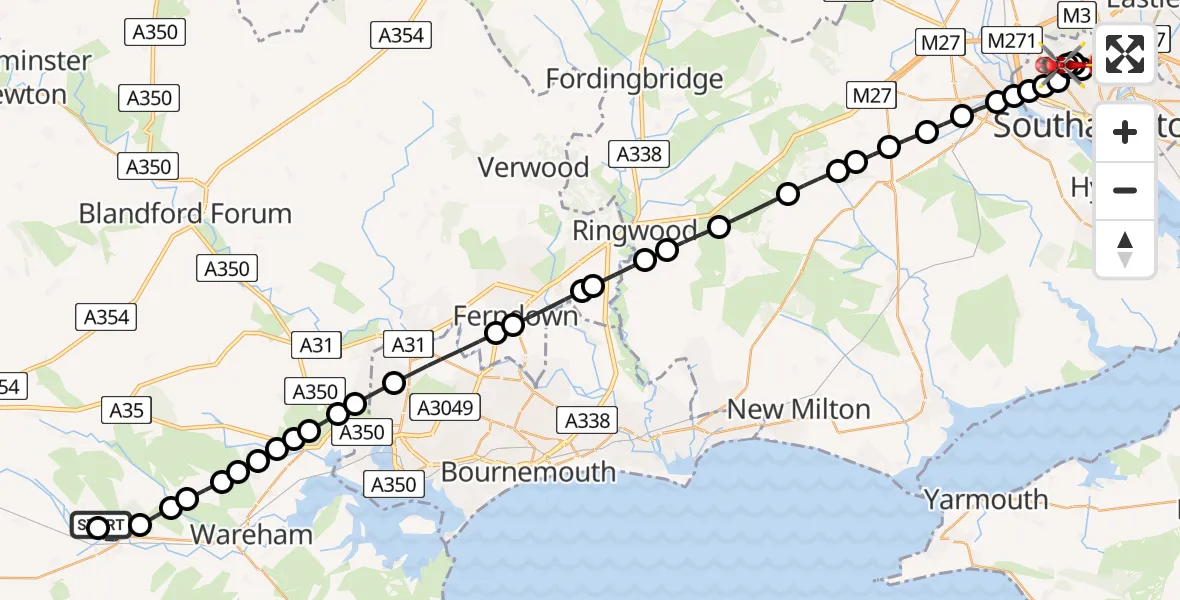 Flight route Air Ambulance Helicopter Bovington - University Hospital Southampton, 16 May 2026, 14:15