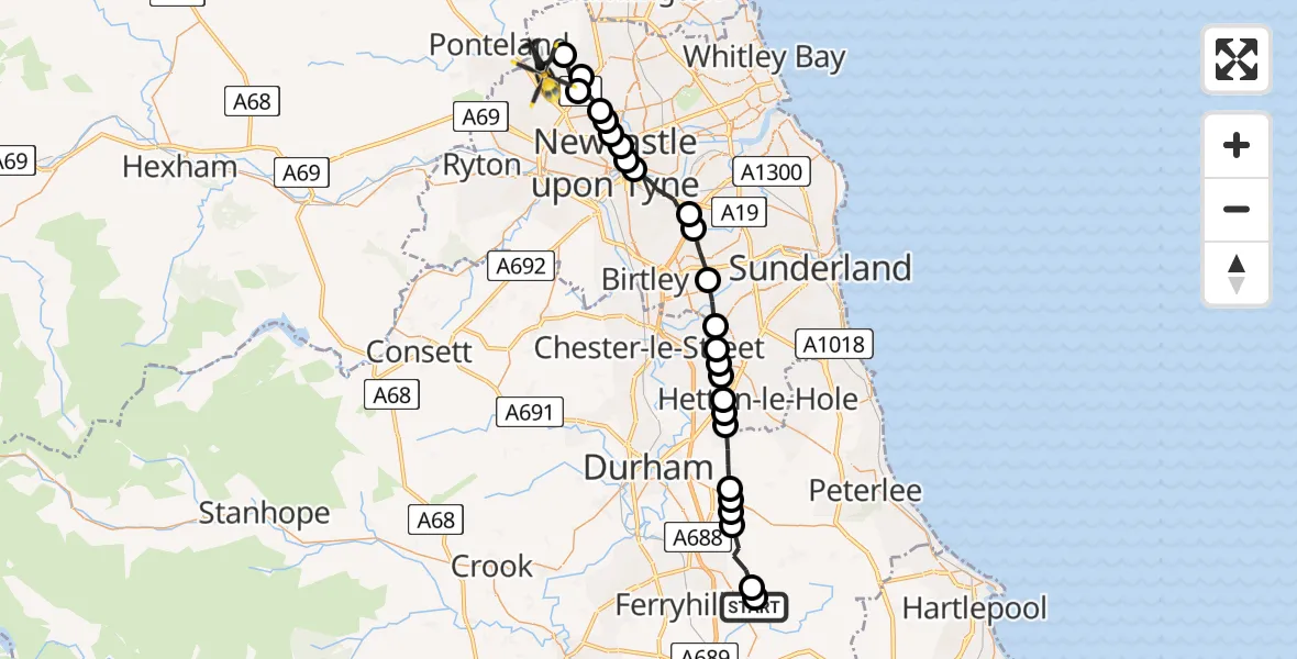 Flight route Police Helicopter Fishburn Airfield - Newcastle International Airport, 16 May 2026, 14:18